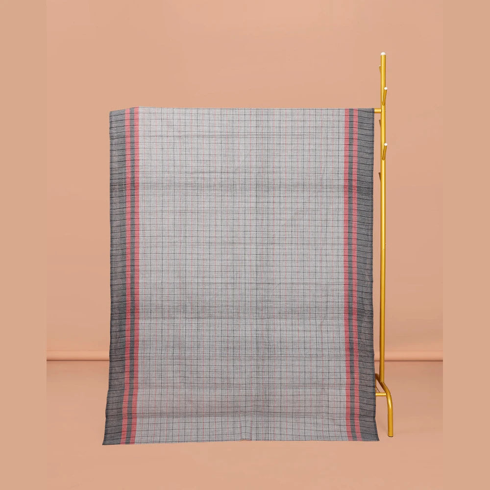 Pothys Grey Checked Chirala Cotton Saree, a Contrast Border, Self-Pallu, and a Matching Blouse