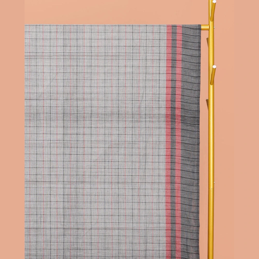 Pothys Grey Checked Chirala Cotton Saree, a Contrast Border, Self-Pallu, and a Matching Blouse