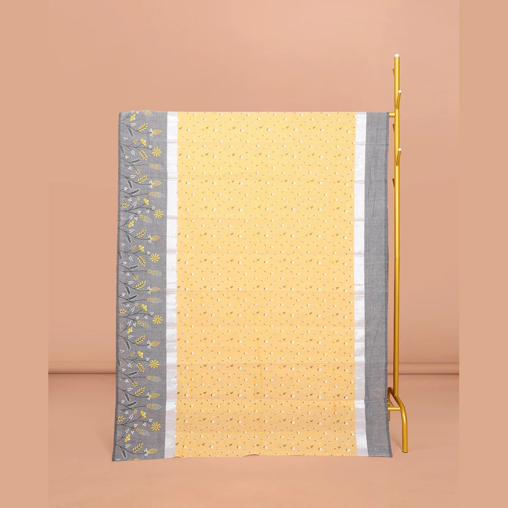 Pothys Yellow Chirala Cotton Saree, Steeped with Buttas, a Contrast Floral Border, Printed Pallu, and a Contrast Blouse