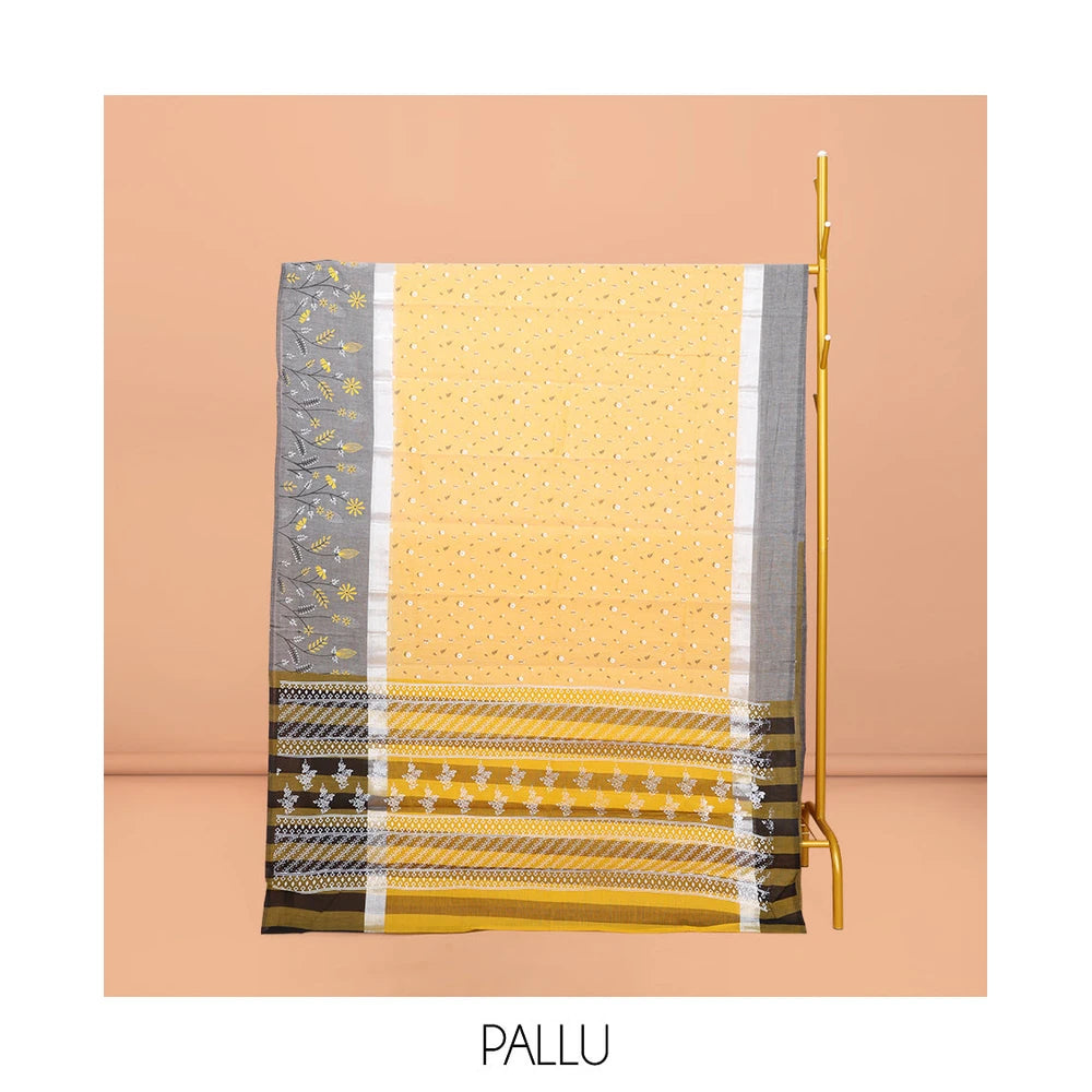 Pothys Yellow Chirala Cotton Saree, Steeped with Buttas, a Contrast Floral Border, Printed Pallu, and a Contrast Blouse
