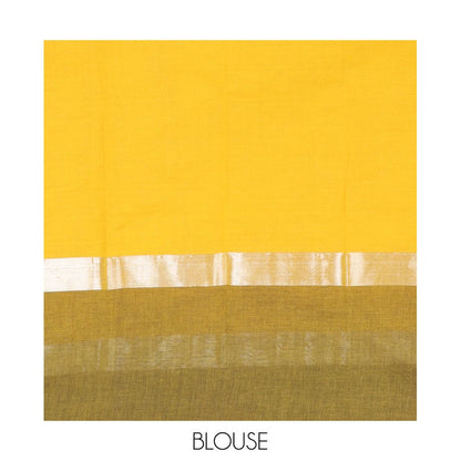 Pothys Yellow Chirala Cotton Saree, Steeped with Buttas, a Contrast Floral Border, Printed Pallu, and a Contrast Blouse