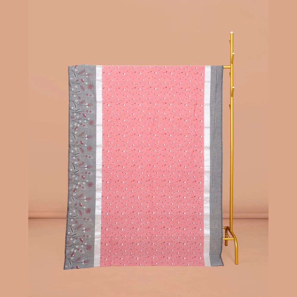 Pothys Red Chirala Cotton Saree, Adorned with Buttas, a Contrast Floral Border, Printed Pallu, and a Contrast Blouse