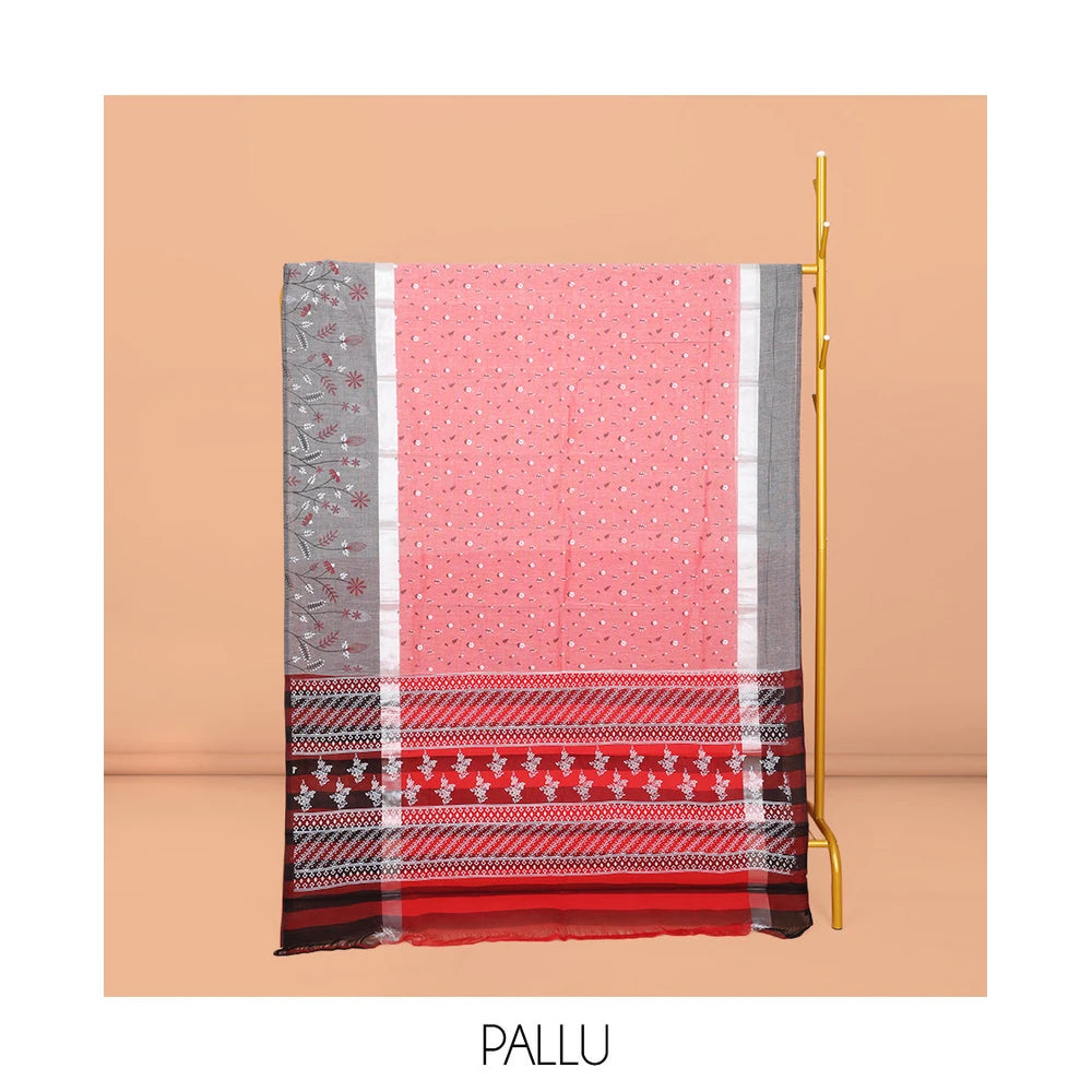 Pothys Red Chirala Cotton Saree, Adorned with Buttas, a Contrast Floral Border, Printed Pallu, and a Contrast Blouse