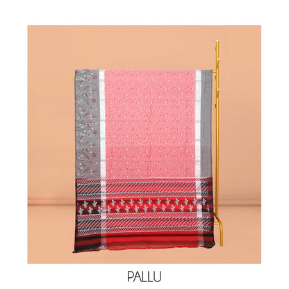 Pothys Red Chirala Cotton Saree, Adorned with Buttas, a Contrast Floral Border, Printed Pallu, and a Contrast Blouse
