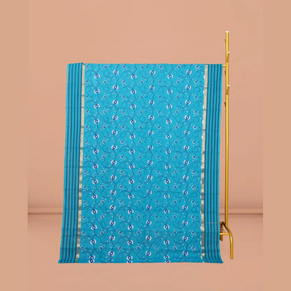 Pothys Blue Chirala Cotton Saree, Detailed with a Floral Vine Print, Striped Border, Printed Pallu, and a Matching Blouse