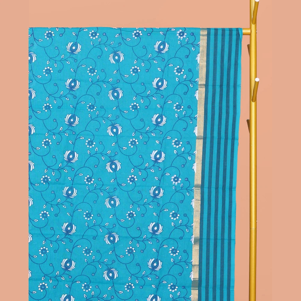 Pothys Blue Chirala Cotton Saree, Detailed with a Floral Vine Print, Striped Border, Printed Pallu, and a Matching Blouse