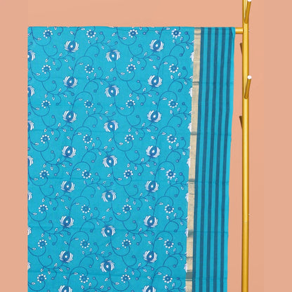 Pothys Blue Chirala Cotton Saree, Detailed with a Floral Vine Print, Striped Border, Printed Pallu, and a Matching Blouse