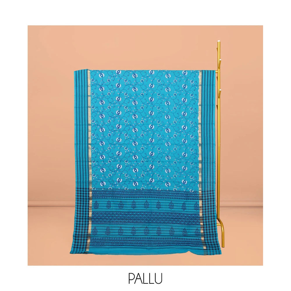 Pothys Blue Chirala Cotton Saree, Detailed with a Floral Vine Print, Striped Border, Printed Pallu, and a Matching Blouse