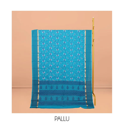 Pothys Blue Chirala Cotton Saree, Detailed with a Floral Vine Print, Striped Border, Printed Pallu, and a Matching Blouse