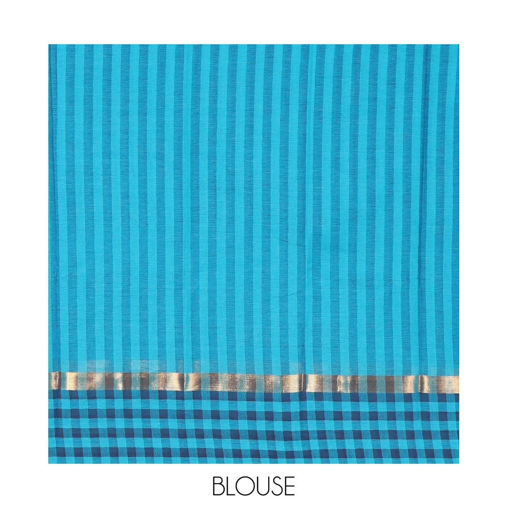 Pothys Blue Chirala Cotton Saree, Detailed with a Floral Vine Print, Striped Border, Printed Pallu, and a Matching Blouse