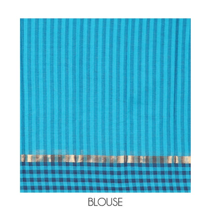 Pothys Blue Chirala Cotton Saree, Detailed with a Floral Vine Print, Striped Border, Printed Pallu, and a Matching Blouse