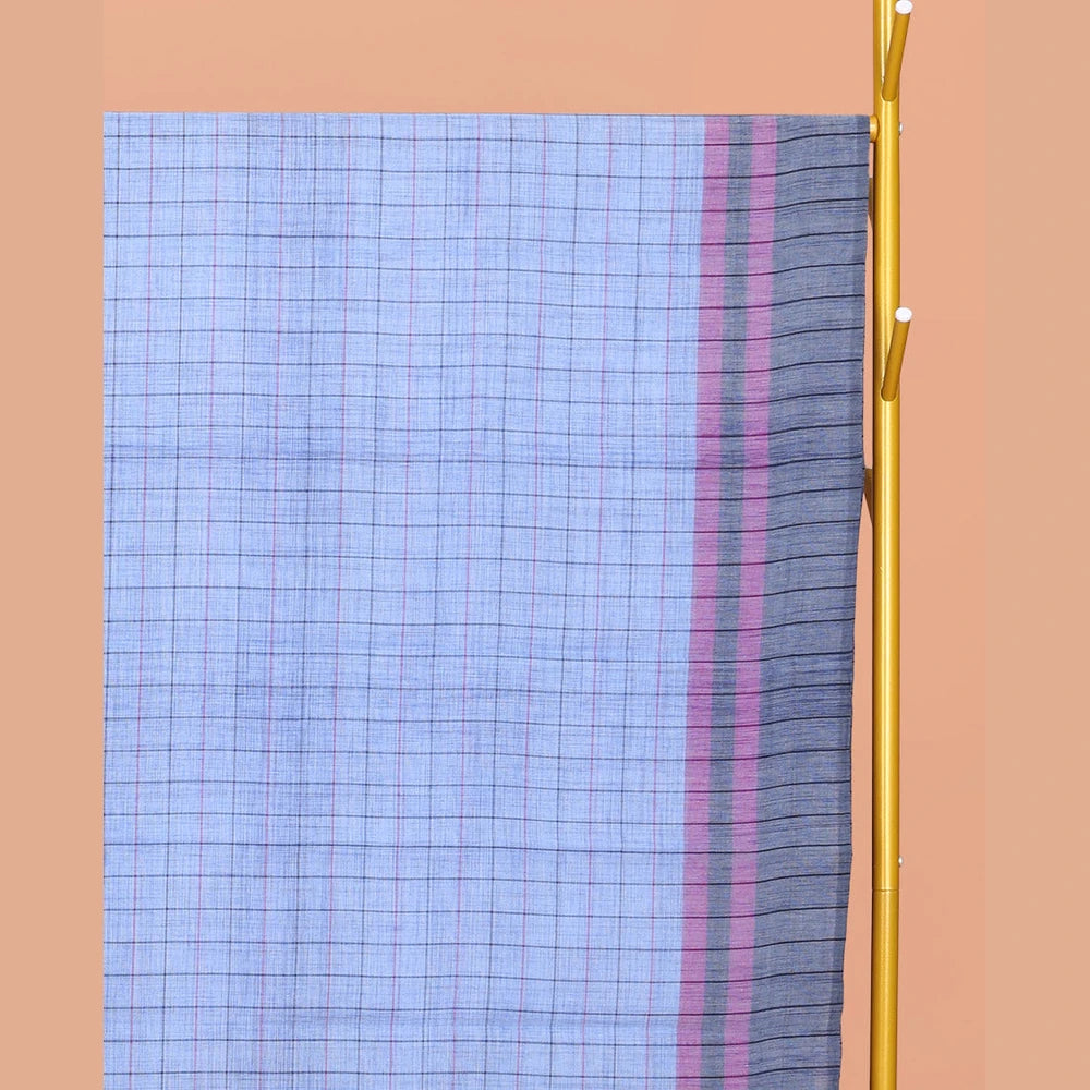 Pothys Blue Checked Chirala Cotton Saree, a Contrast Border, Self-Pallu, and a Contrast Blouse