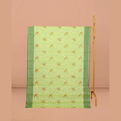 Pothys Green Chirala Cotton Saree, Accentuated with Floral-Bird Print, a Contrast Border, Printed Pallu, and a Matching Blouse