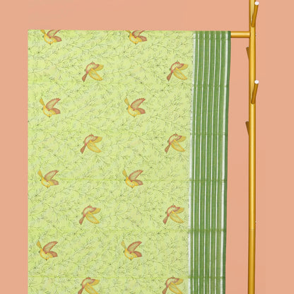Pothys Green Chirala Cotton Saree, Accentuated with Floral-Bird Print, a Contrast Border, Printed Pallu, and a Matching Blouse