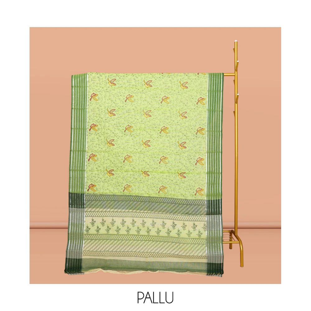 Pothys Green Chirala Cotton Saree, Accentuated with Floral-Bird Print, a Contrast Border, Printed Pallu, and a Matching Blouse