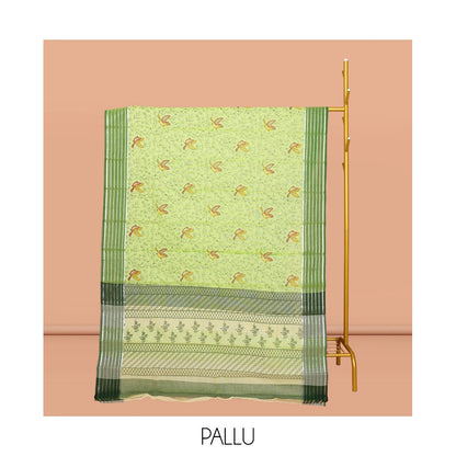 Pothys Green Chirala Cotton Saree, Accentuated with Floral-Bird Print, a Contrast Border, Printed Pallu, and a Matching Blouse