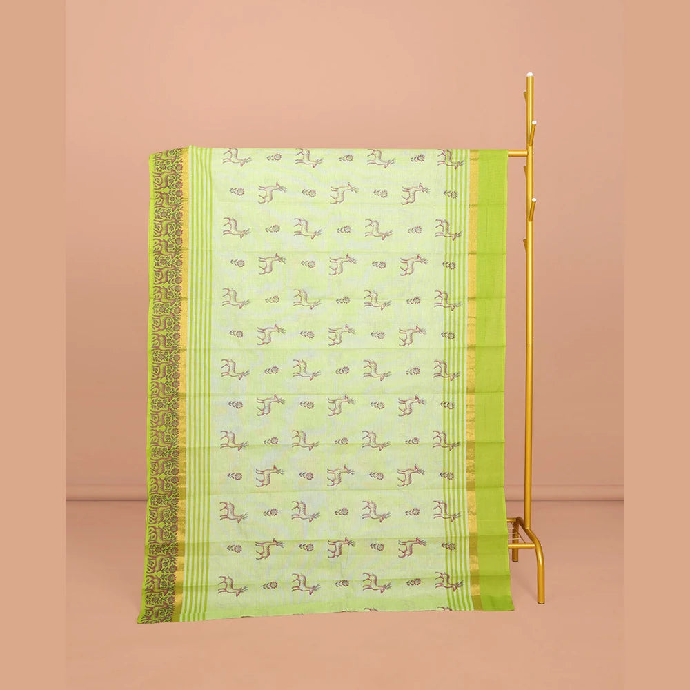 Pothys Green Chirala Cotton Saree, Elevated with Floral and Deer Motifs, a Contrast Deer Motifs Border, Striped Pallu, and a Matching Blouse
