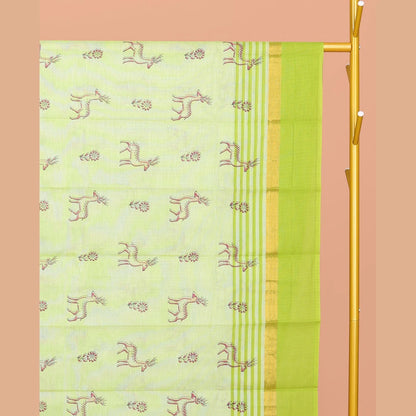 Pothys Green Chirala Cotton Saree, Elevated with Floral and Deer Motifs, a Contrast Deer Motifs Border, Striped Pallu, and a Matching Blouse