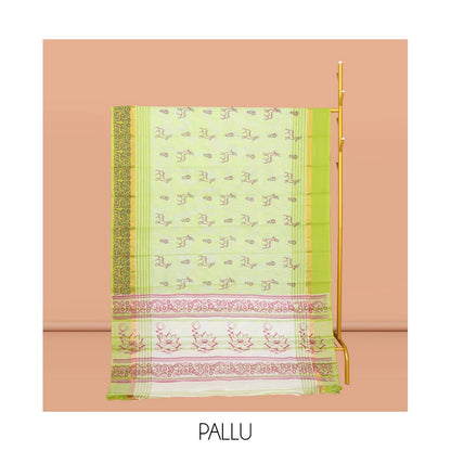 Pothys Green Chirala Cotton Saree, Elevated with Floral and Deer Motifs, a Contrast Deer Motifs Border, Striped Pallu, and a Matching Blouse