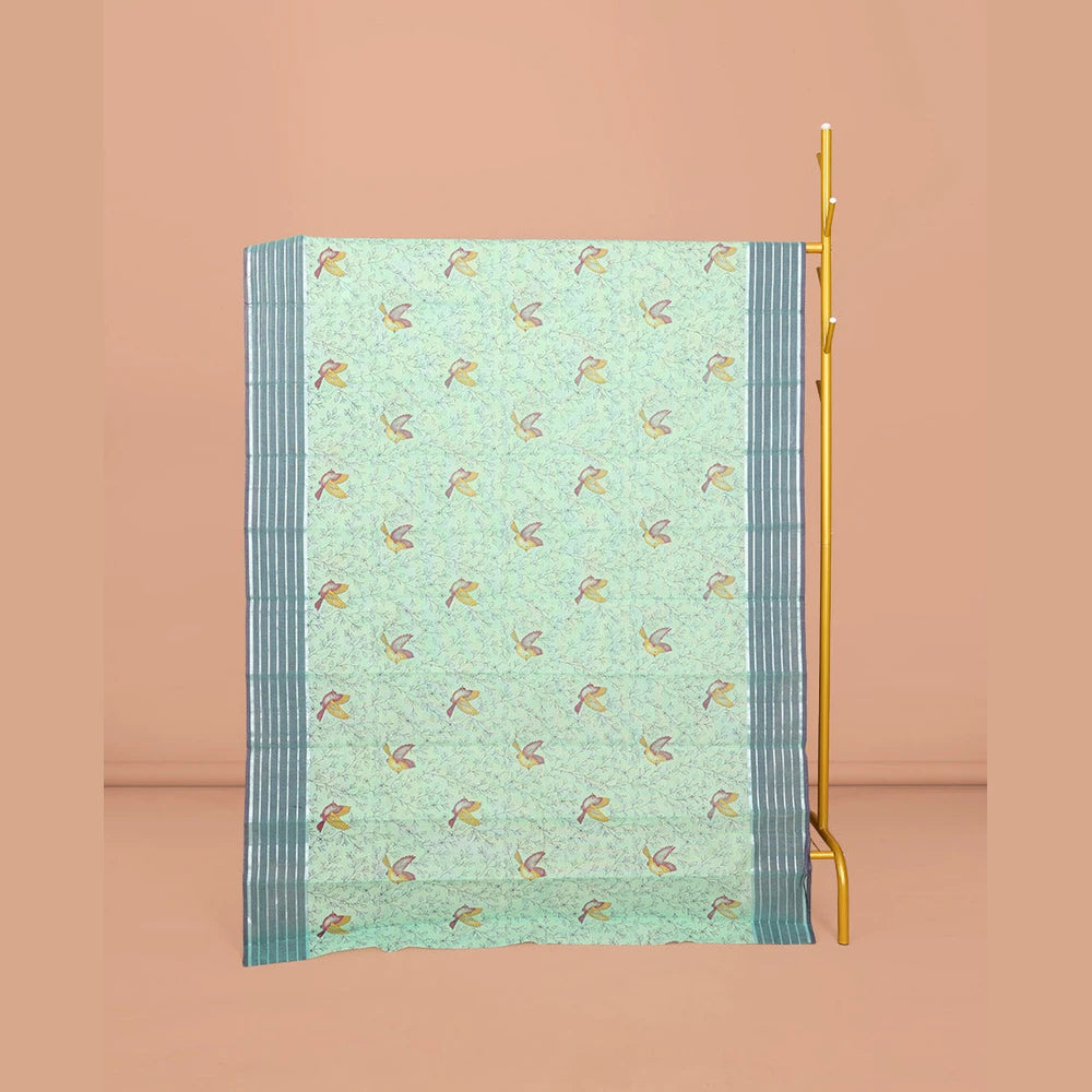 Pothys Sea Green Chirala Cotton Saree, Accentuated with Floral-Bird Print, a Contrast Border, Printed Pallu, and a Matching Blouse