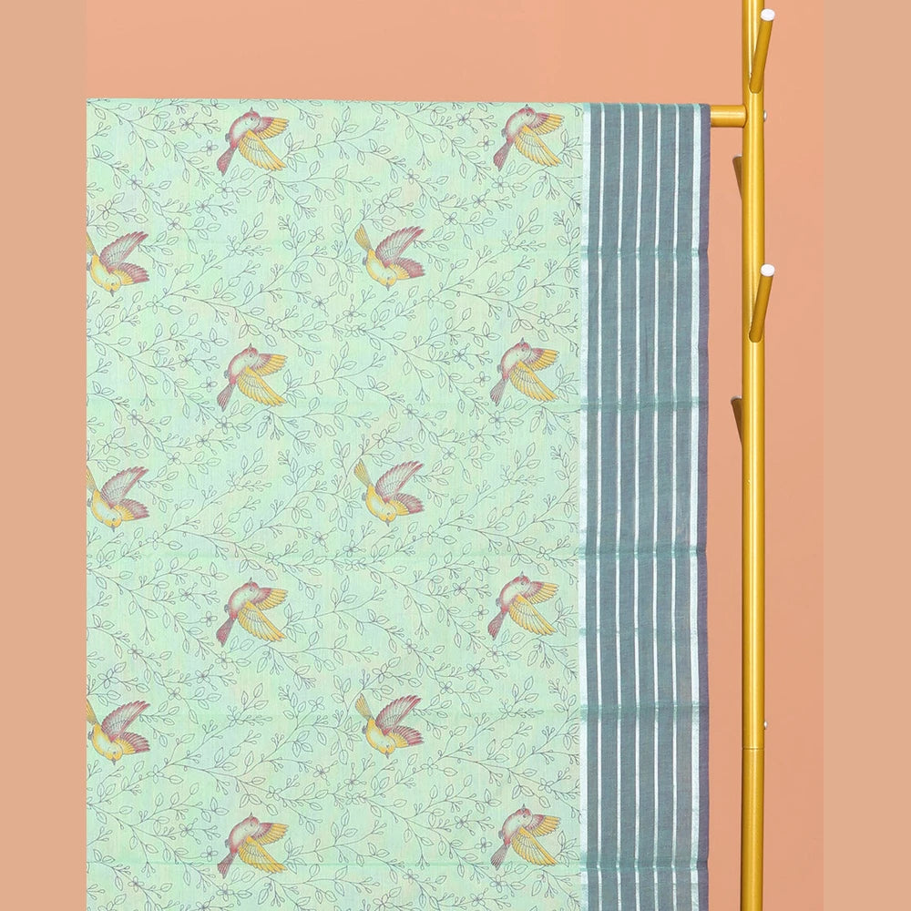 Pothys Sea Green Chirala Cotton Saree, Accentuated with Floral-Bird Print, a Contrast Border, Printed Pallu, and a Matching Blouse