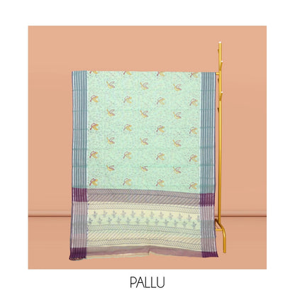 Pothys Sea Green Chirala Cotton Saree, Accentuated with Floral-Bird Print, a Contrast Border, Printed Pallu, and a Matching Blouse