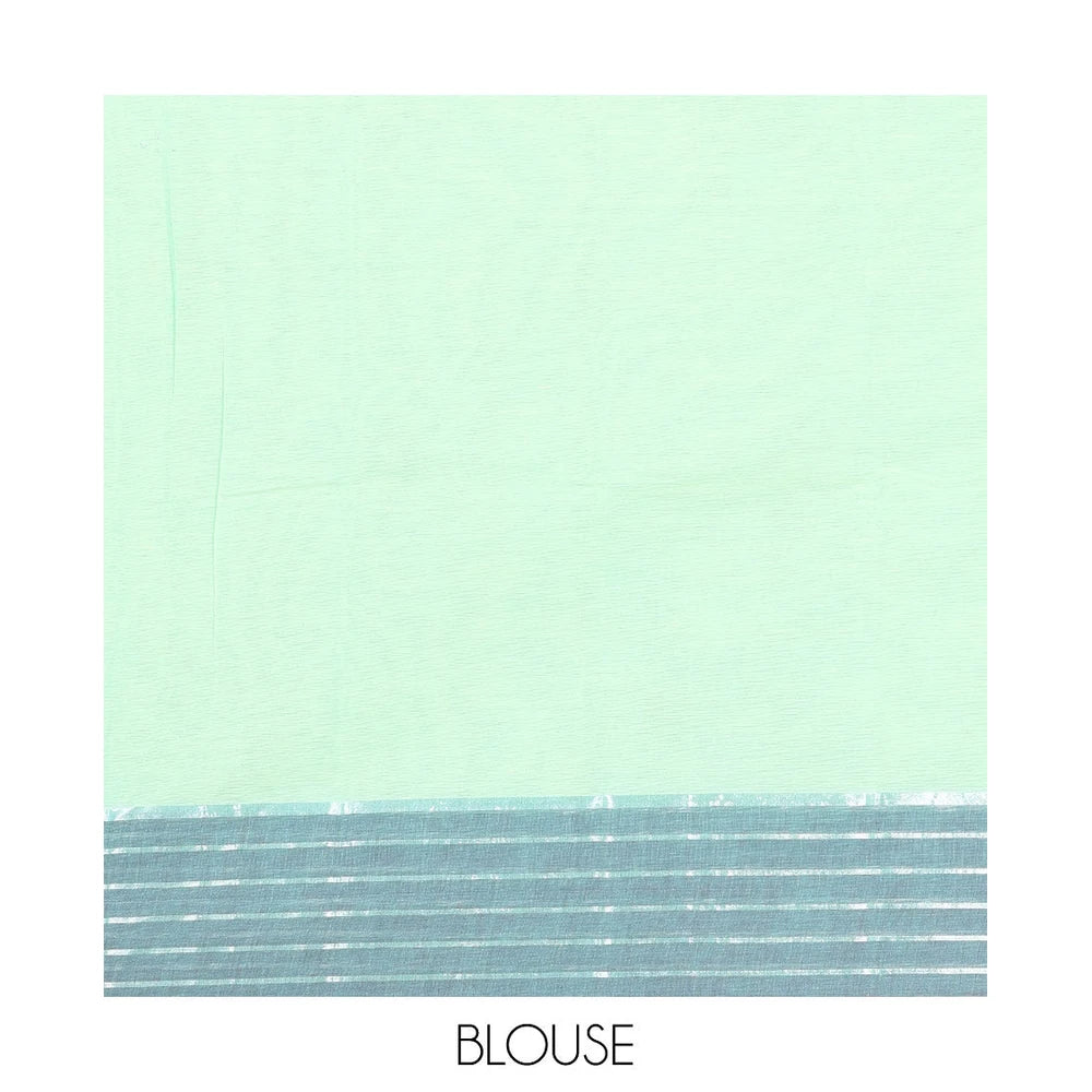 Pothys Sea Green Chirala Cotton Saree, Accentuated with Floral-Bird Print, a Contrast Border, Printed Pallu, and a Matching Blouse