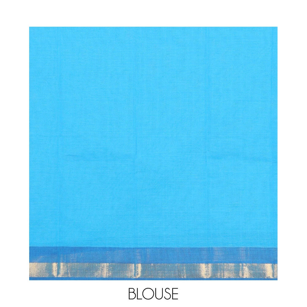 Pothys Blue Chirala Cotton Saree, Accentuated with an Argyle Design, a Contrast Zari Border, Contrast Peacock Pallu, and a Contrast Blouse