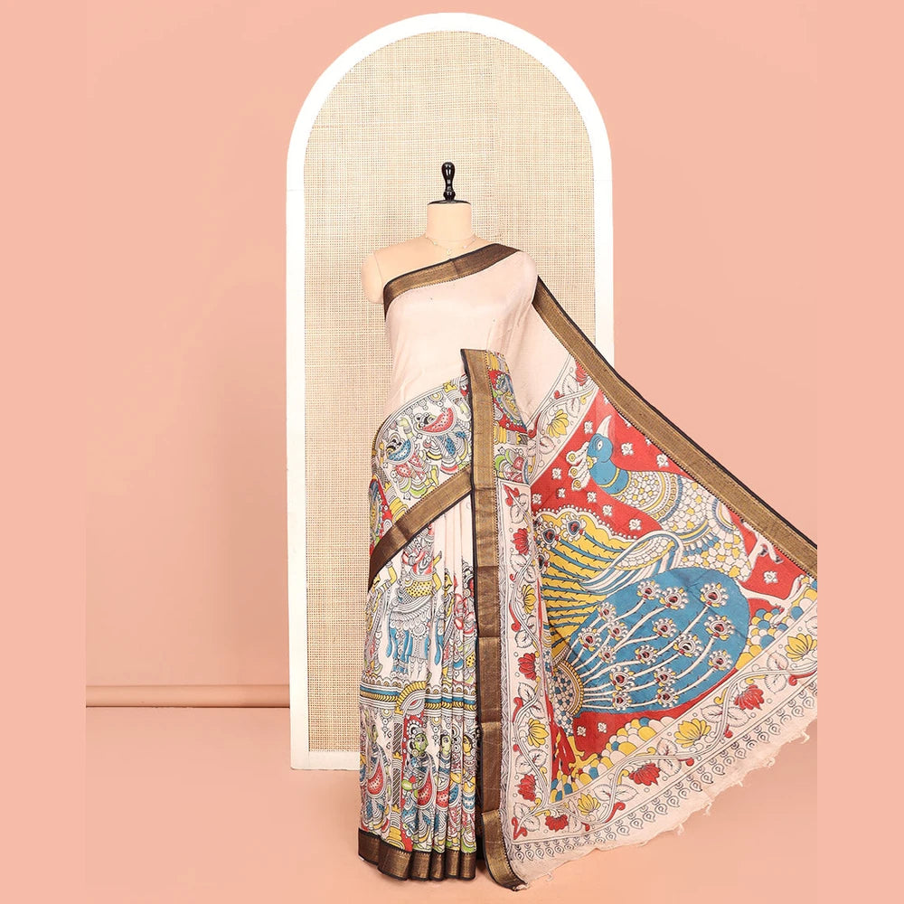 Pothys Light Sandal Kalamkari Cotton Saree, Graced with Human Figurine Print, Contrast Traditional Zari Border, Peacock Pallu, and a Contrast Blouse