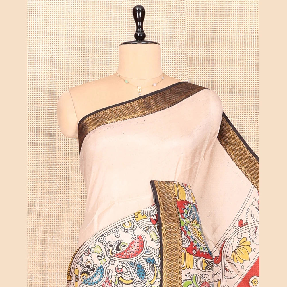 Pothys Light Sandal Kalamkari Cotton Saree, Graced with Human Figurine Print, Contrast Traditional Zari Border, Peacock Pallu, and a Contrast Blouse