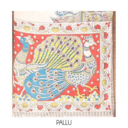 Pothys Light Sandal Kalamkari Cotton Saree, Graced with Human Figurine Print, Contrast Traditional Zari Border, Peacock Pallu, and a Contrast Blouse