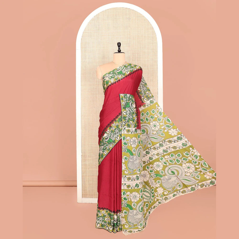 Pothys Red Plain Kalamkari Cotton Saree, Contrast Kalamkari Floral-Peacock Printed Border, Peacock-Floral Pallu, and a Contrast Blouse