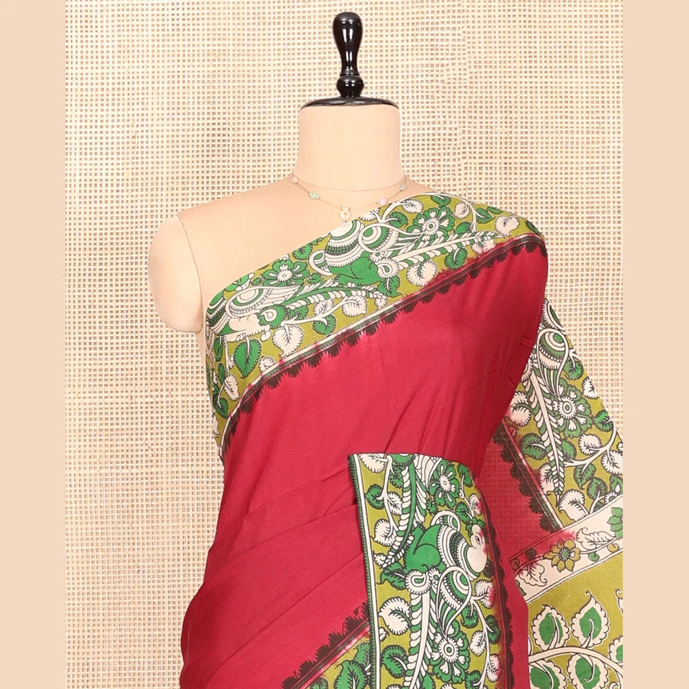 Pothys Red Plain Kalamkari Cotton Saree, Contrast Kalamkari Floral-Peacock Printed Border, Peacock-Floral Pallu, and a Contrast Blouse