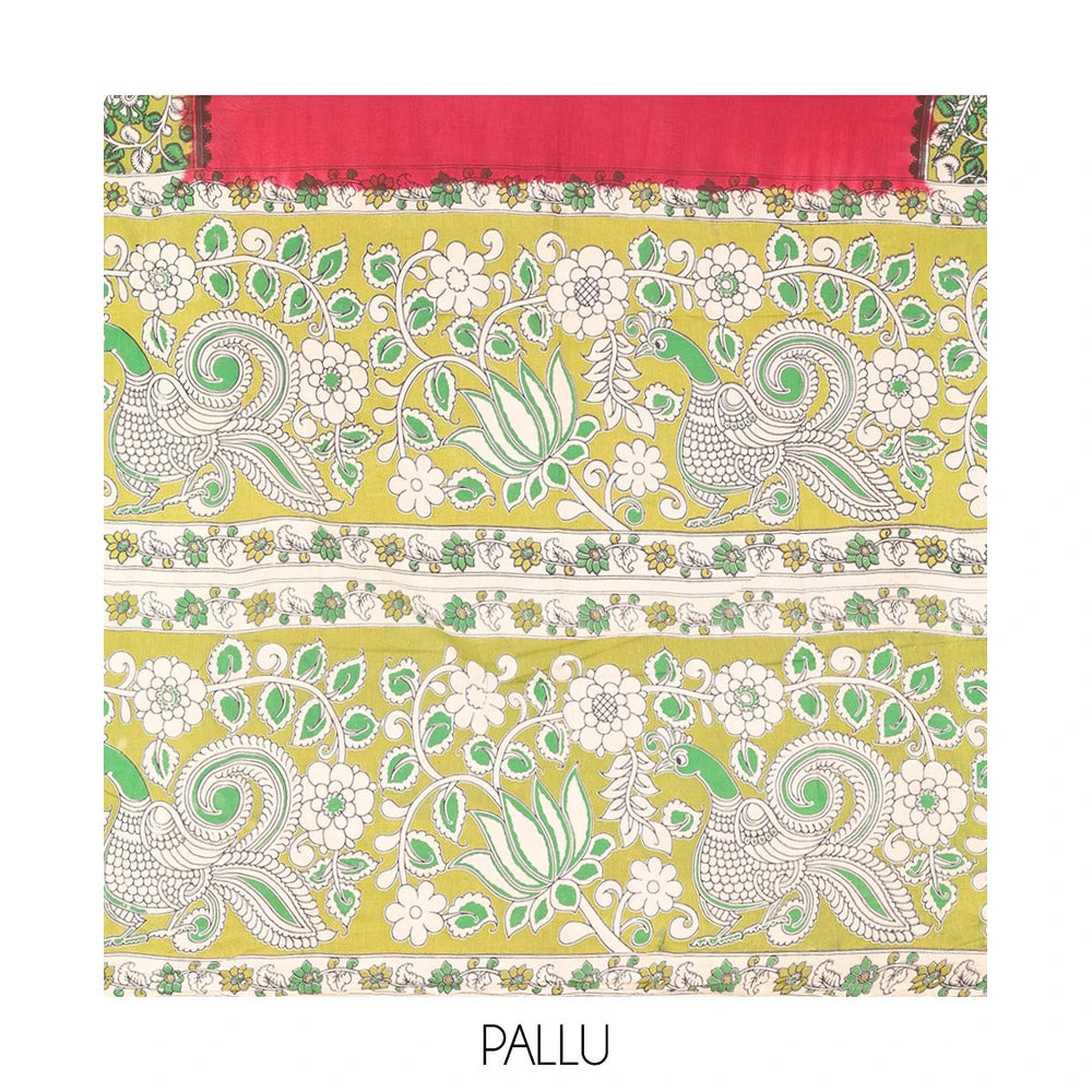 Pothys Red Plain Kalamkari Cotton Saree, Contrast Kalamkari Floral-Peacock Printed Border, Peacock-Floral Pallu, and a Contrast Blouse