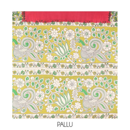 Pothys Red Plain Kalamkari Cotton Saree, Contrast Kalamkari Floral-Peacock Printed Border, Peacock-Floral Pallu, and a Contrast Blouse