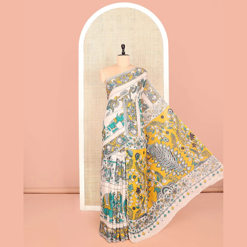 Pothys Off-White Kalamkari Cotton Saree Features Flora, Fauna, Human Motifs Print, Contrast Kalamkari Printed Border, Peacock Pallu, and a Matching Blouse