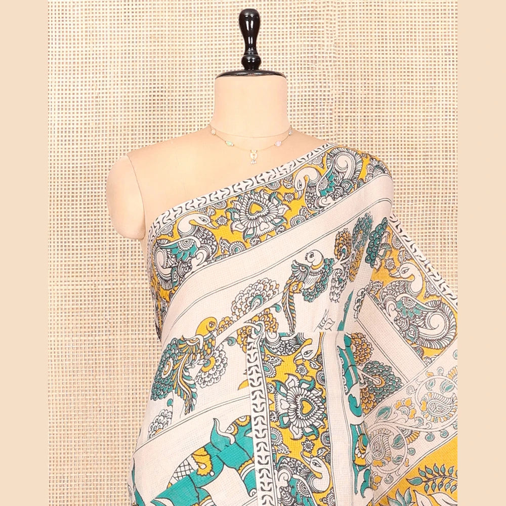 Pothys Off-White Kalamkari Cotton Saree Features Flora, Fauna, Human Motifs Print, Contrast Kalamkari Printed Border, Peacock Pallu, and a Matching Blouse
