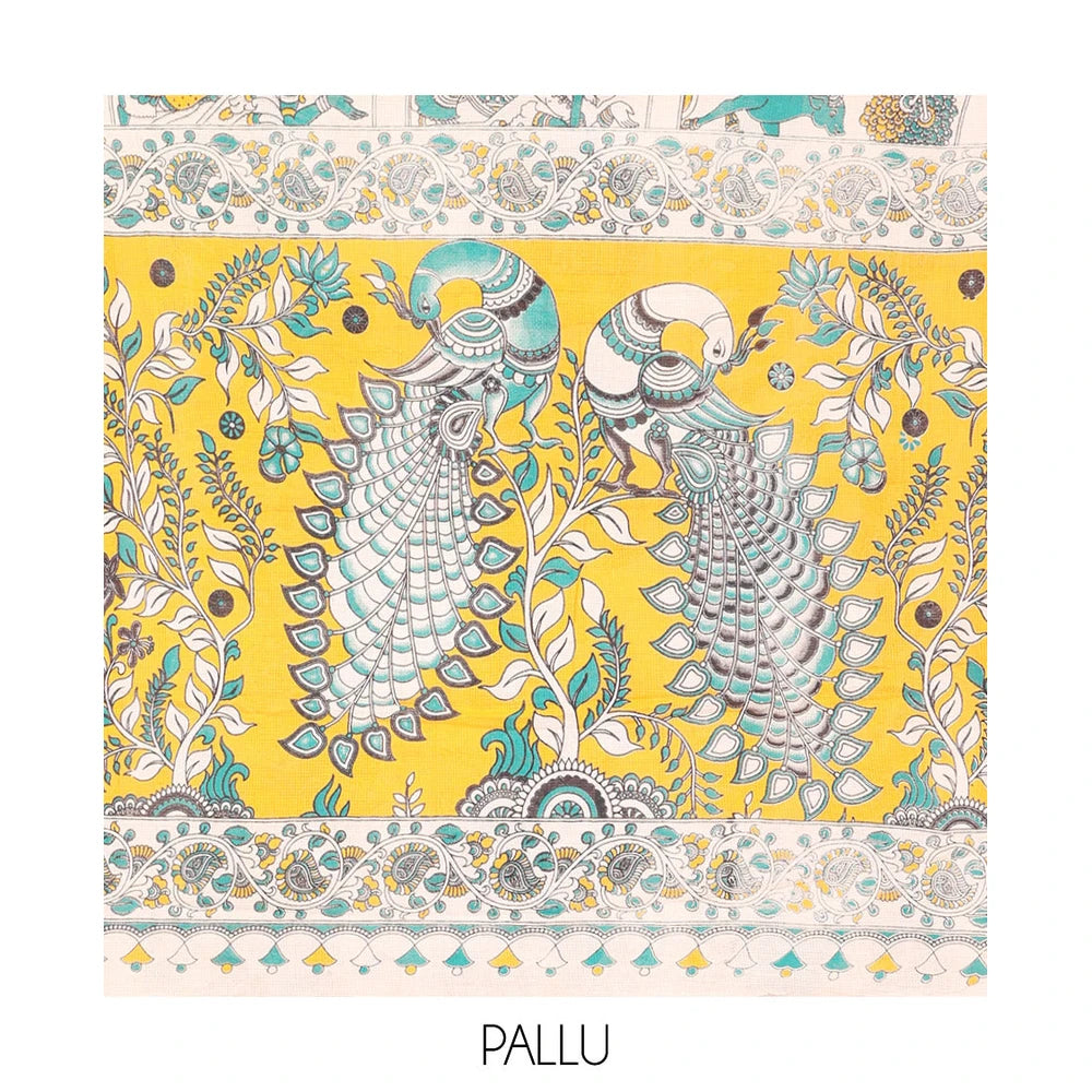 Pothys Off-White Kalamkari Cotton Saree Features Flora, Fauna, Human Motifs Print, Contrast Kalamkari Printed Border, Peacock Pallu, and a Matching Blouse