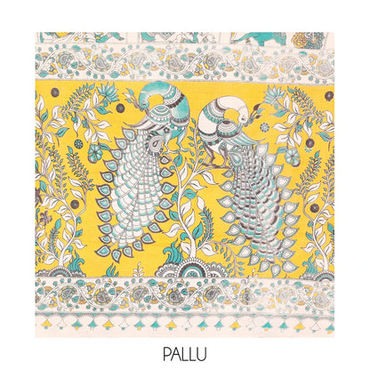 Pothys Off-White Kalamkari Cotton Saree Features Flora, Fauna, Human Motifs Print, Contrast Kalamkari Printed Border, Peacock Pallu, and a Matching Blouse
