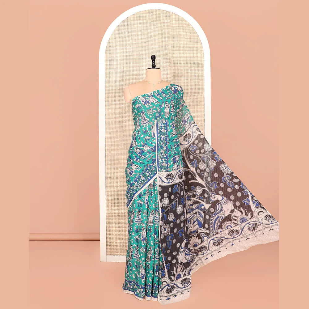 Pothys Borderless Turquoise Kalamkari Cotton Saree Features Human Motifs Print, Contrast Ancient Human Printed Kalamkari Pallu, and a Contrast Blouse