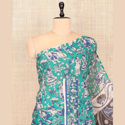Pothys Borderless Turquoise Kalamkari Cotton Saree Features Human Motifs Print, Contrast Ancient Human Printed Kalamkari Pallu, and a Contrast Blouse