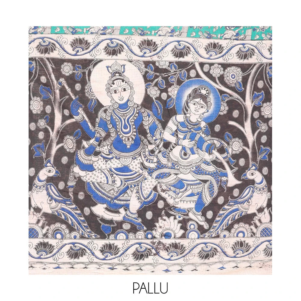 Pothys Borderless Turquoise Kalamkari Cotton Saree Features Human Motifs Print, Contrast Ancient Human Printed Kalamkari Pallu, and a Contrast Blouse