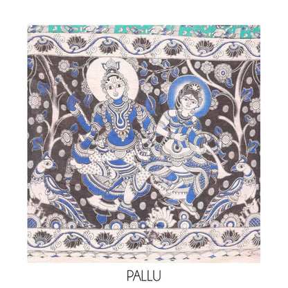 Pothys Borderless Turquoise Kalamkari Cotton Saree Features Human Motifs Print, Contrast Ancient Human Printed Kalamkari Pallu, and a Contrast Blouse