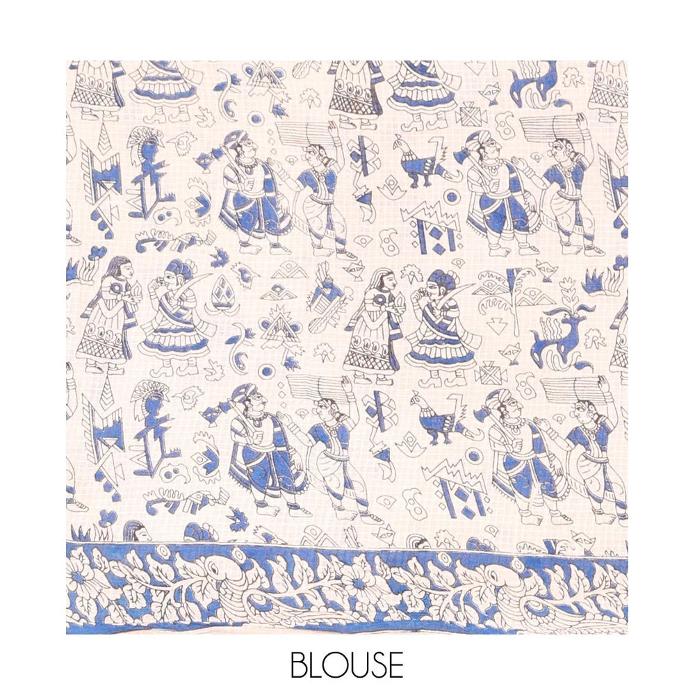 Pothys Borderless Turquoise Kalamkari Cotton Saree Features Human Motifs Print, Contrast Ancient Human Printed Kalamkari Pallu, and a Contrast Blouse