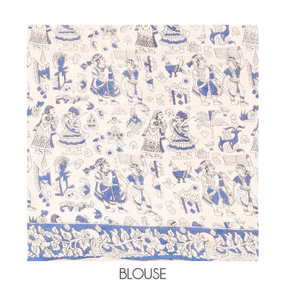 Pothys Borderless Turquoise Kalamkari Cotton Saree Features Human Motifs Print, Contrast Ancient Human Printed Kalamkari Pallu, and a Contrast Blouse