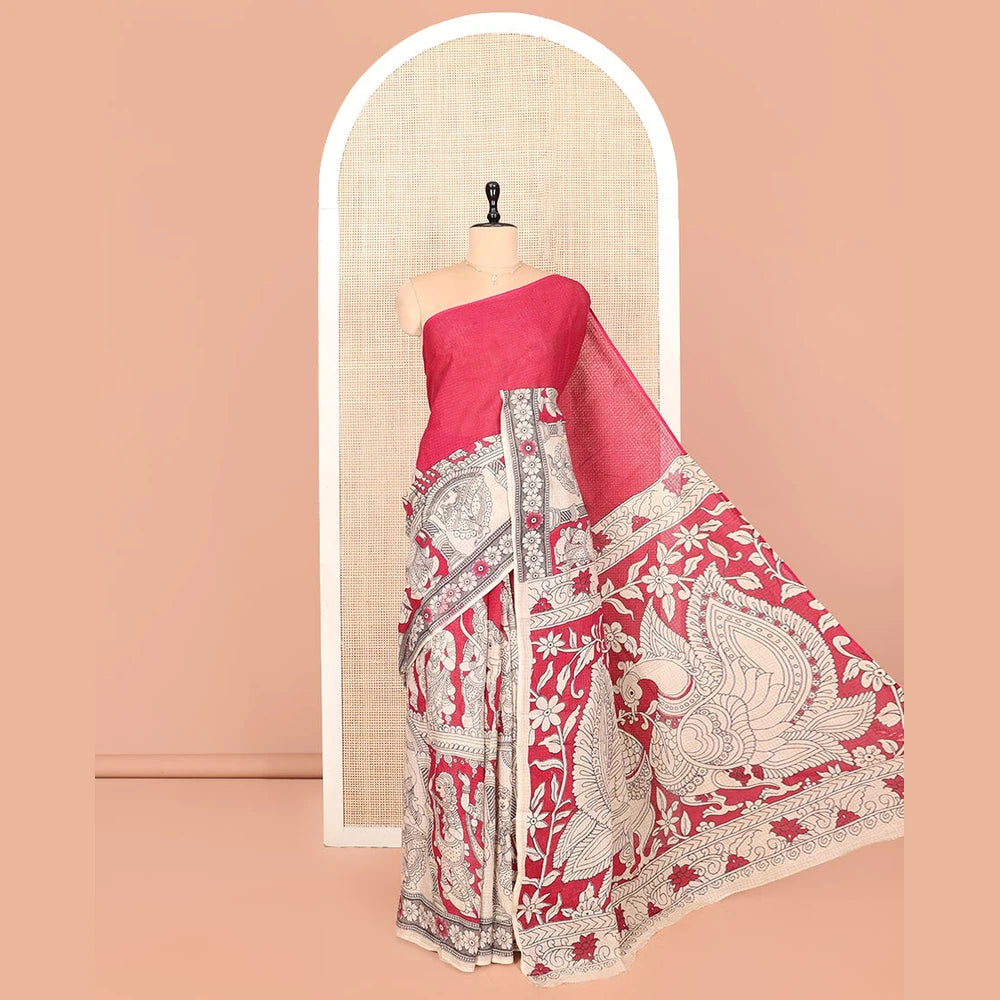 Pothys Borderless Pink Kalamkari Cotton Saree, Embellished with Ancient Human Motifs Print, Peacock Pallu, and a Contrast Blouse
