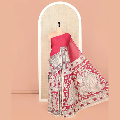 Pothys Borderless Pink Kalamkari Cotton Saree, Embellished with Ancient Human Motifs Print, Peacock Pallu, and a Contrast Blouse
