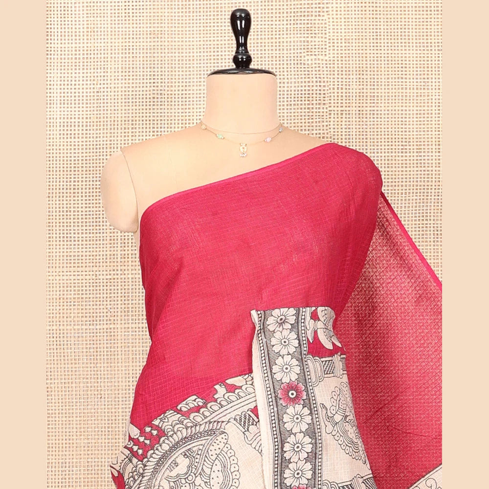 Pothys Borderless Pink Kalamkari Cotton Saree, Embellished with Ancient Human Motifs Print, Peacock Pallu, and a Contrast Blouse