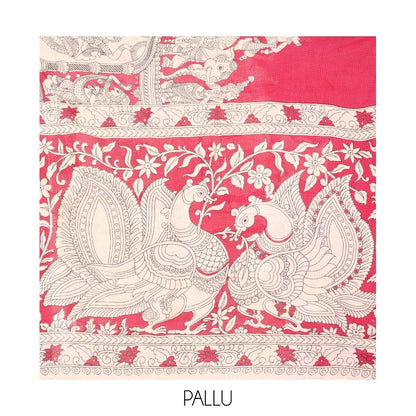 Pothys Borderless Pink Kalamkari Cotton Saree, Embellished with Ancient Human Motifs Print, Peacock Pallu, and a Contrast Blouse