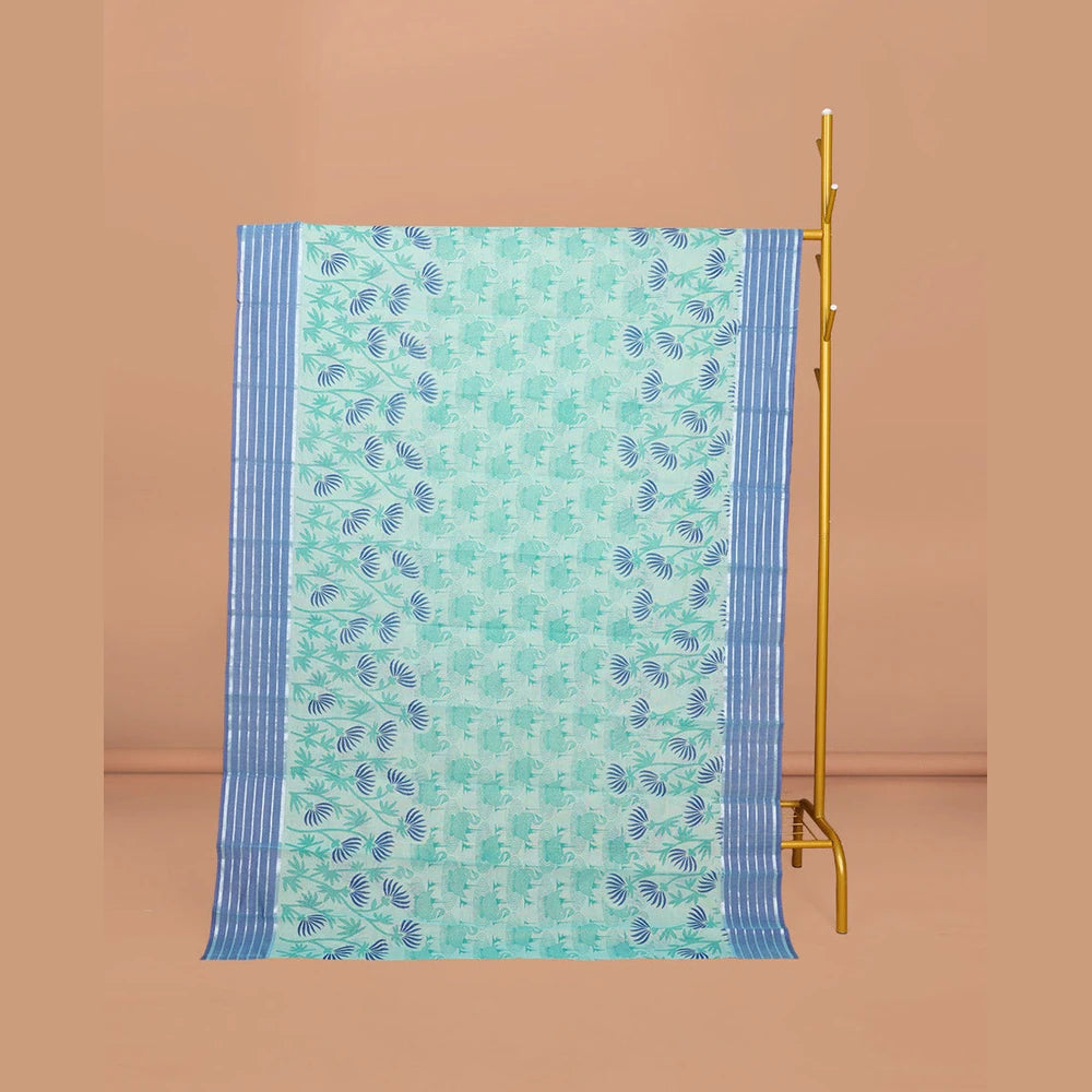 Pothys Pale Blue Chirala Cotton Saree, Decked Up with Swan and Floral Print, Contrast Striped Border, Floral Printed Pallu, and a Matching Blouse